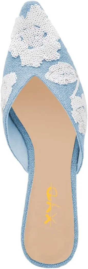 XYD Women Pointed Toe Embroidery Flat Mules Spring Summer Comfort Slip-on Holiday Bridal Dress Shoes