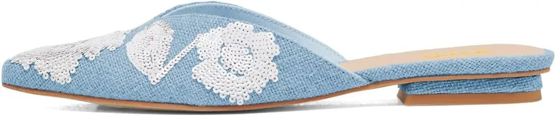 XYD Women Pointed Toe Embroidery Flat Mules Spring Summer Comfort Slip-on Holiday Bridal Dress Shoes