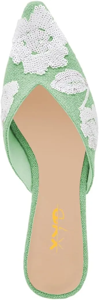 XYD Women Pointed Toe Embroidery Flat Mules Spring Summer Comfort Slip-on Holiday Bridal Dress Shoes
