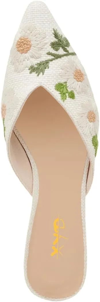 XYD Women Pointed Toe Embroidery Flat Mules Spring Summer Comfort Slip-on Holiday Bridal Dress Shoes