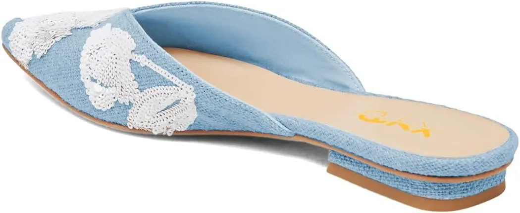 XYD Women Pointed Toe Embroidery Flat Mules Spring Summer Comfort Slip-on Holiday Bridal Dress Shoes