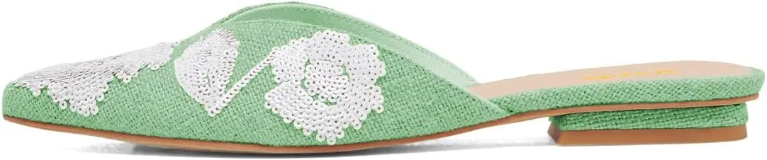 XYD Women Pointed Toe Embroidery Flat Mules Spring Summer Comfort Slip-on Holiday Bridal Dress Shoes