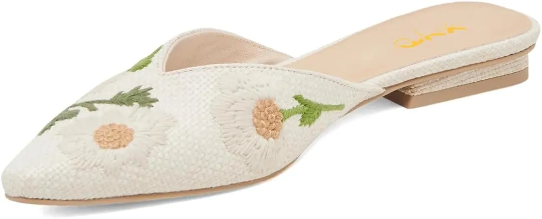 XYD Women Pointed Toe Embroidery Flat Mules Spring Summer Comfort Slip-on Holiday Bridal Dress Shoes