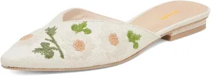 XYD Women Pointed Toe Embroidery Flat Mules Spring Summer Comfort Slip-on Holiday Bridal Dress Shoes