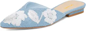 XYD Women Pointed Toe Embroidery Flat Mules Spring Summer Comfort Slip-on Holiday Bridal Dress Shoes