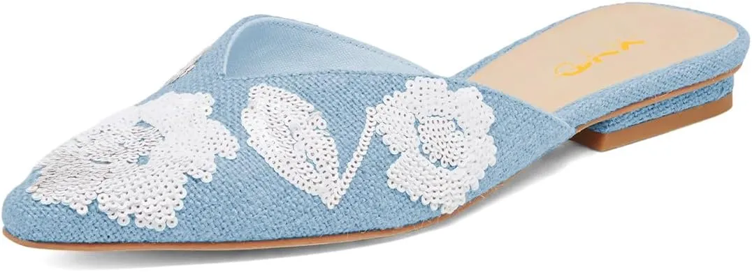 XYD Women Pointed Toe Embroidery Flat Mules Spring Summer Comfort Slip-on Holiday Bridal Dress Shoes