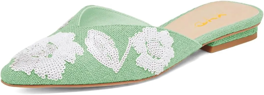 XYD Women Pointed Toe Embroidery Flat Mules Spring Summer Comfort Slip-on Holiday Bridal Dress Shoes