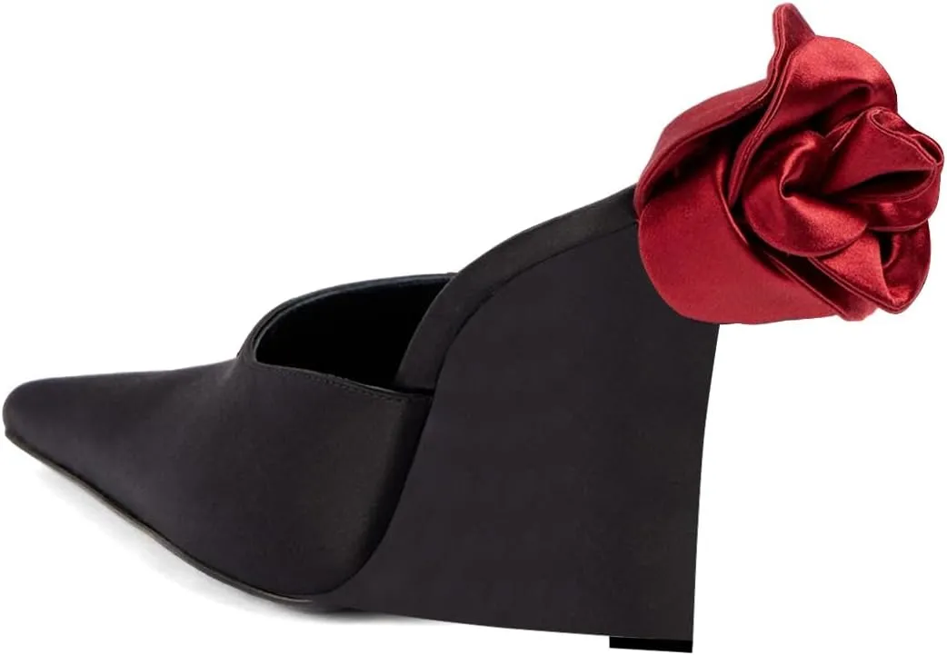 XYD Women Satin Pointed Toe Wedges Back Oversized Rose Flower High Heel Slip-on Mules Wedding After Party Shoes