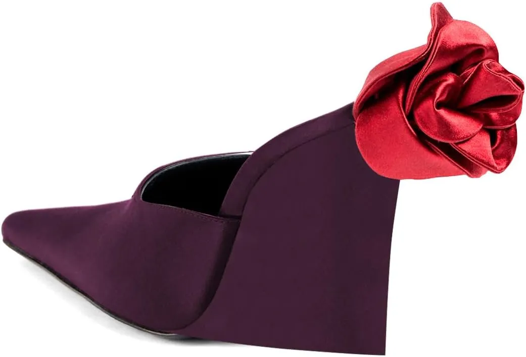 XYD Women Satin Pointed Toe Wedges Back Oversized Rose Flower High Heel Slip-on Mules Wedding After Party Shoes