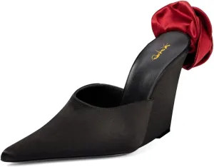 XYD Women Satin Pointed Toe Wedges Back Oversized Rose Flower High Heel Slip-on Mules Wedding After Party Shoes