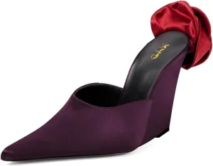 XYD Women Satin Pointed Toe Wedges Back Oversized Rose Flower High Heel Slip-on Mules Wedding After Party Shoes