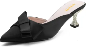 XYD Women's Pointed Closed Toe Mules Crystal Low Heel Bowknot Slip On Wedding Party Bridal Comfort Shoes