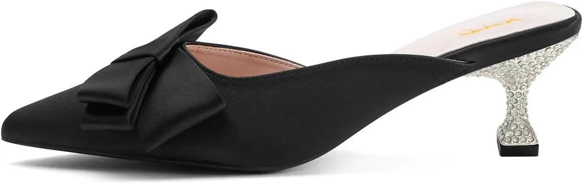 XYD Women's Pointed Closed Toe Mules Crystal Low Heel Bowknot Slip On Wedding Party Bridal Comfort Shoes
