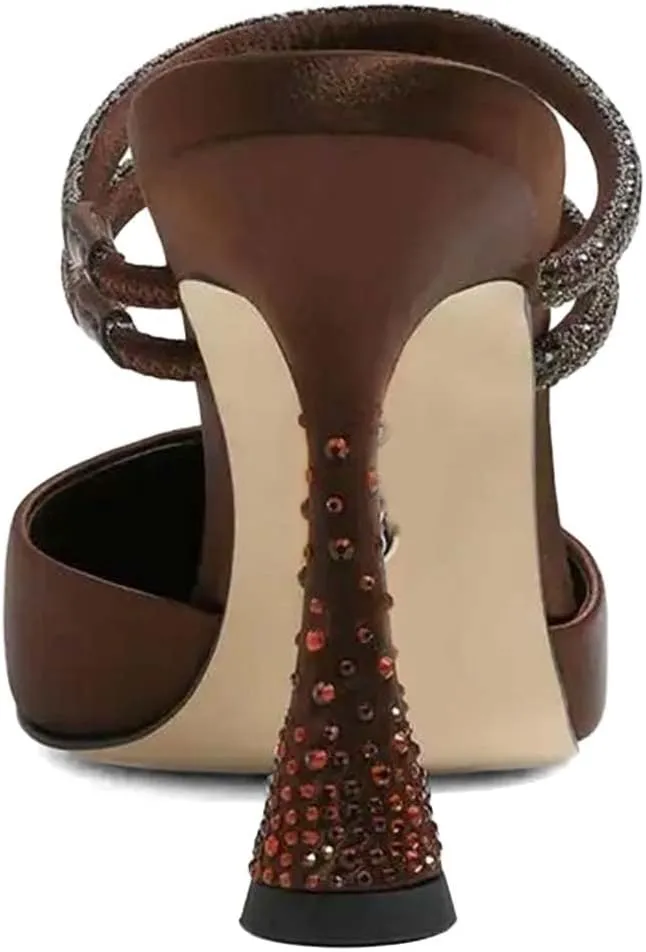 XYD Women's Spool Heeled Slides Sandals Closed Pointed Toe Two Straps Rhinestone Slip-on High Heel Mules Dress Party Shoes
