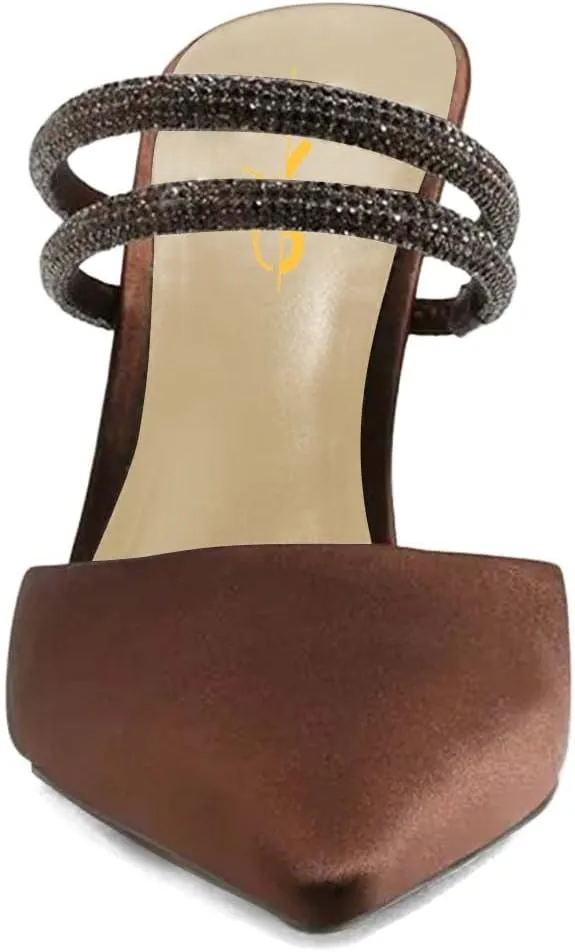 XYD Women's Spool Heeled Slides Sandals Closed Pointed Toe Two Straps Rhinestone Slip-on High Heel Mules Dress Party Shoes