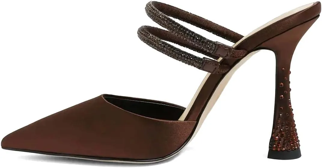 XYD Women's Spool Heeled Slides Sandals Closed Pointed Toe Two Straps Rhinestone Slip-on High Heel Mules Dress Party Shoes