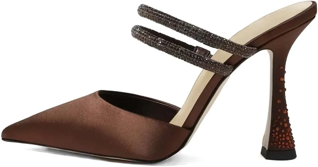 XYD Women's Spool Heeled Slides Sandals Closed Pointed Toe Two Straps Rhinestone Slip-on High Heel Mules Dress Party Shoes