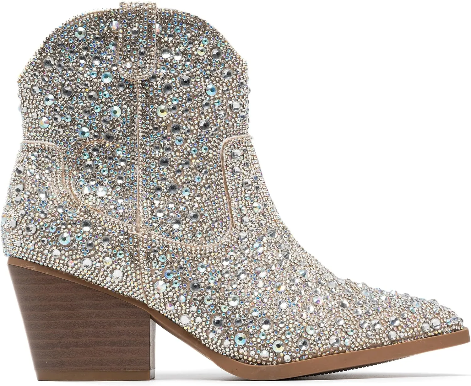 YAYONE Rhinestone Zipper Sparkly Ankle Boots - Glitter Pointed Toe Fashion Comfortable Shoes, Pull on Chunky Heel Western Boots