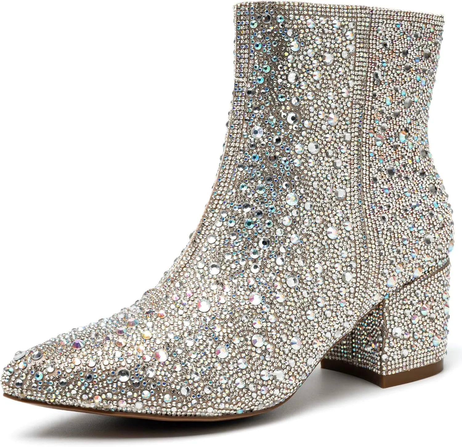 YAYONE Rhinestone Zipper Sparkly Ankle Boots - Glitter Pointed Toe Fashion Comfortable Shoes, Pull on Chunky Heel Western Boots