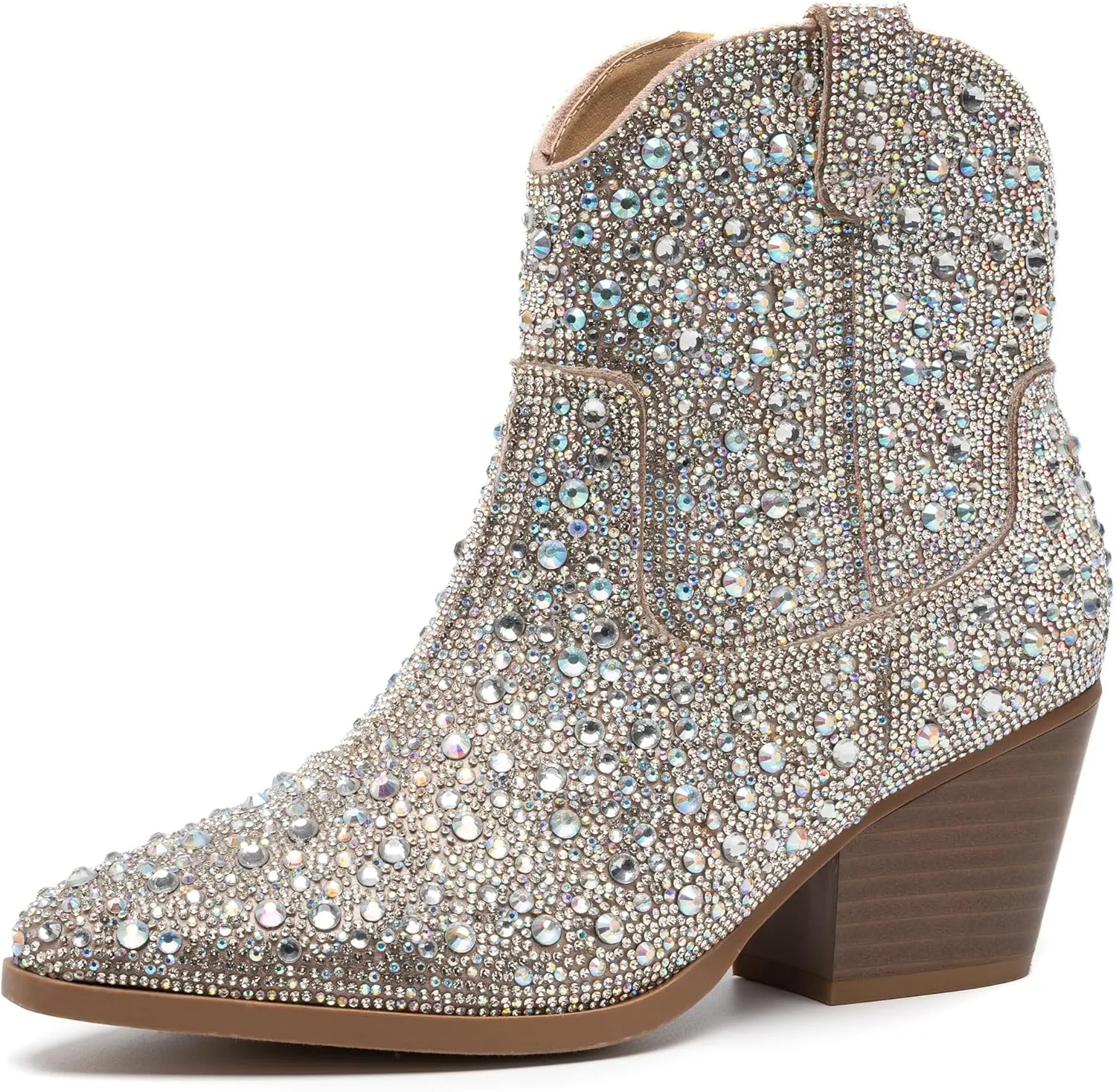 YAYONE Rhinestone Zipper Sparkly Ankle Boots - Glitter Pointed Toe Fashion Comfortable Shoes, Pull on Chunky Heel Western Boots