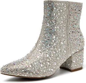 YAYONE Rhinestone Zipper Sparkly Ankle Boots - Glitter Pointed Toe Fashion Comfortable Shoes, Pull on Chunky Heel Western Boots