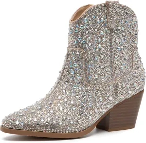 YAYONE Rhinestone Zipper Sparkly Ankle Boots - Glitter Pointed Toe Fashion Comfortable Shoes, Pull on Chunky Heel Western Boots