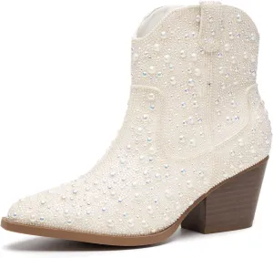 YAYONE Rhinestone Zipper Sparkly Ankle Boots - Glitter Pointed Toe Fashion Comfortable Shoes, Pull on Chunky Heel Western Boots