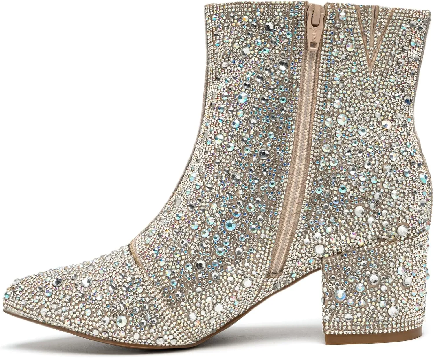 YAYONE Rhinestone Zipper Sparkly Ankle Boots - Glitter Pointed Toe Fashion Comfortable Shoes, Pull on Chunky Heel Western Boots