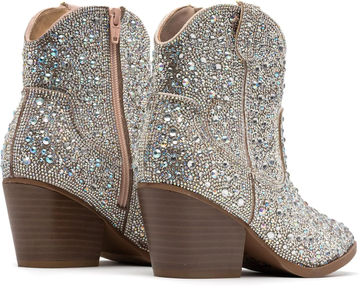 YAYONE Rhinestone Zipper Sparkly Ankle Boots - Glitter Pointed Toe Fashion Comfortable Shoes, Pull on Chunky Heel Western Boots