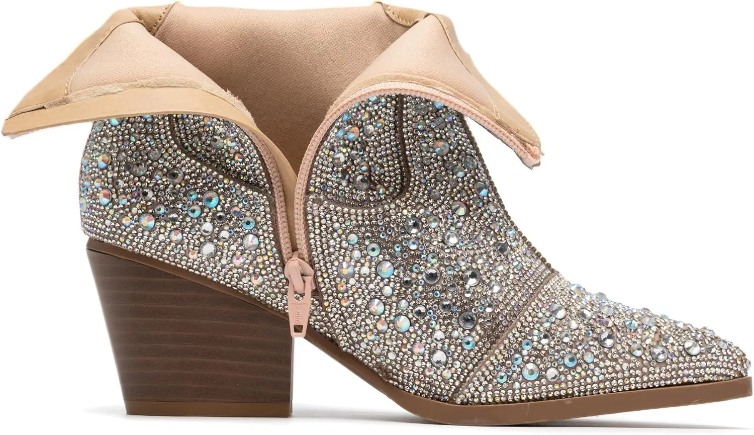 YAYONE Rhinestone Zipper Sparkly Ankle Boots - Glitter Pointed Toe Fashion Comfortable Shoes, Pull on Chunky Heel Western Boots