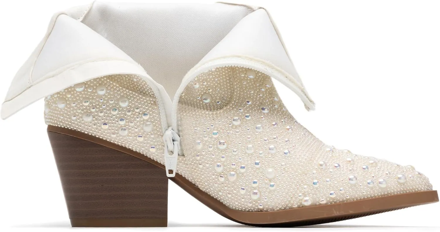 YAYONE Rhinestone Zipper Sparkly Ankle Boots - Glitter Pointed Toe Fashion Comfortable Shoes, Pull on Chunky Heel Western Boots