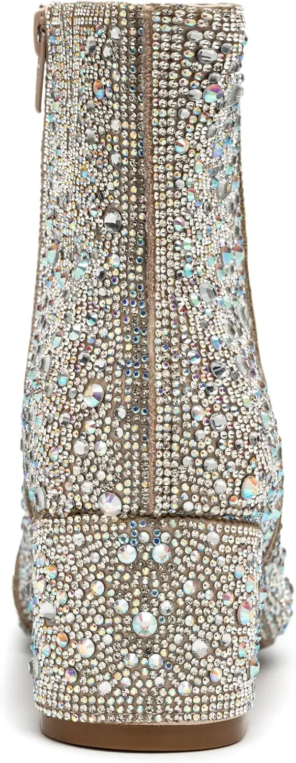 YAYONE Rhinestone Zipper Sparkly Ankle Boots - Glitter Pointed Toe Fashion Comfortable Shoes, Pull on Chunky Heel Western Boots