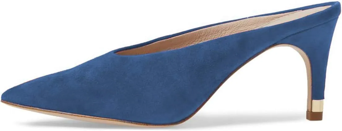 YDN Women Pointed Toe Thin Mid Heel Backless Mules Pumps Slip On Slide Dress Shoes