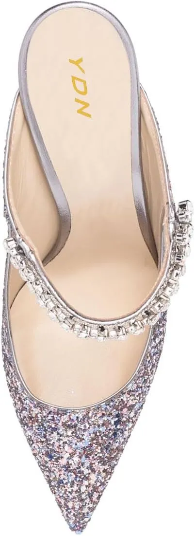 YDN Women Rhinestones Studded Slip On Clogs Mules High Block Heels Pointy Toe Sandals Evening Dress Prom Shoes Size 4-16 US