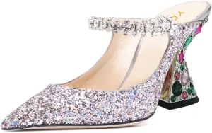 YDN Women Rhinestones Studded Slip On Clogs Mules High Block Heels Pointy Toe Sandals Evening Dress Prom Shoes Size 4-16 US