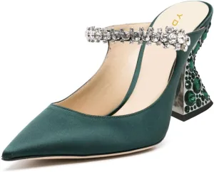 YDN Women Rhinestones Studded Slip On Clogs Mules High Block Heels Pointy Toe Sandals Evening Dress Prom Shoes Size 4-16 US