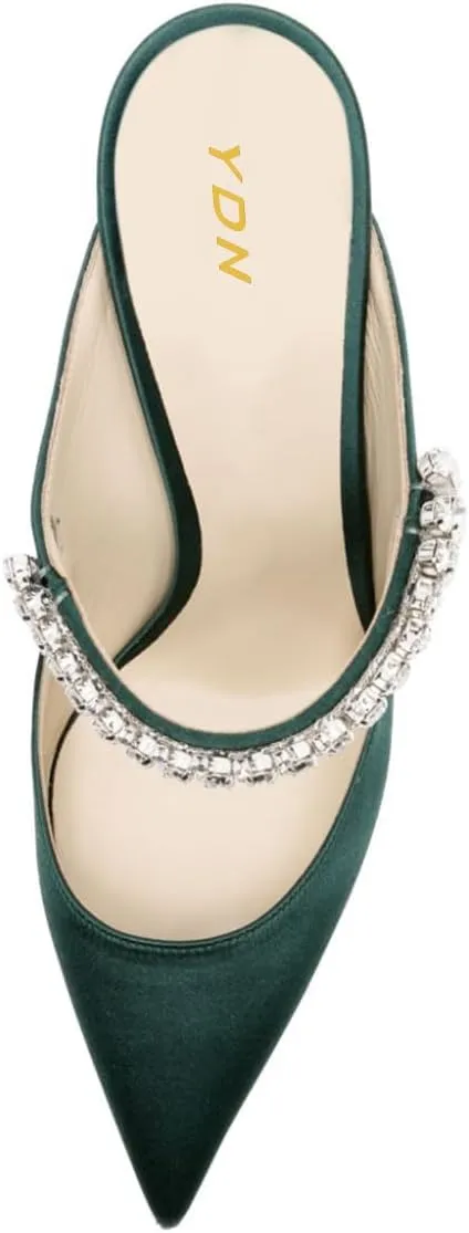 YDN Women Rhinestones Studded Slip On Clogs Mules High Block Heels Pointy Toe Sandals Evening Dress Prom Shoes Size 4-16 US