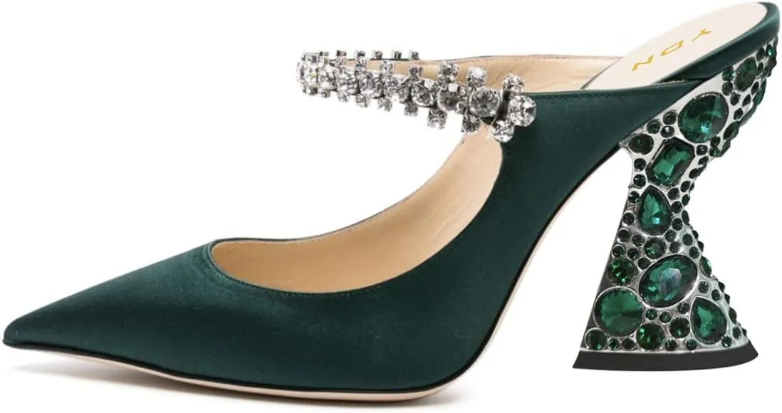 YDN Women Rhinestones Studded Slip On Clogs Mules High Block Heels Pointy Toe Sandals Evening Dress Prom Shoes Size 4-16 US