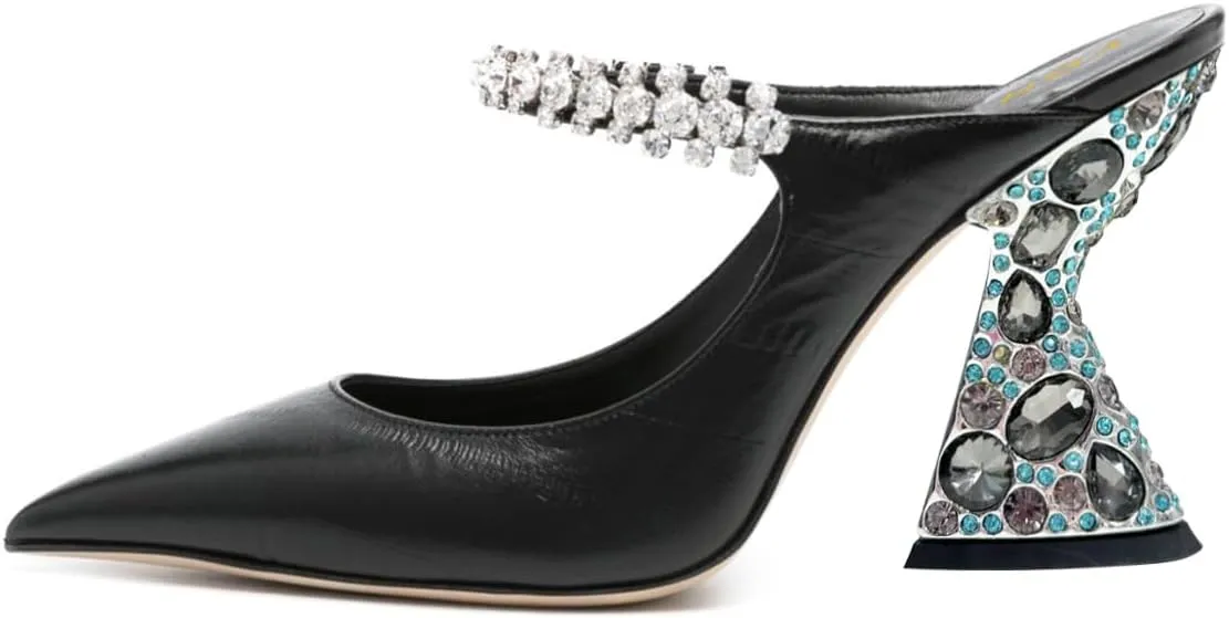 YDN Women Rhinestones Studded Slip On Clogs Mules High Block Heels Pointy Toe Sandals Evening Dress Prom Shoes Size 4-16 US