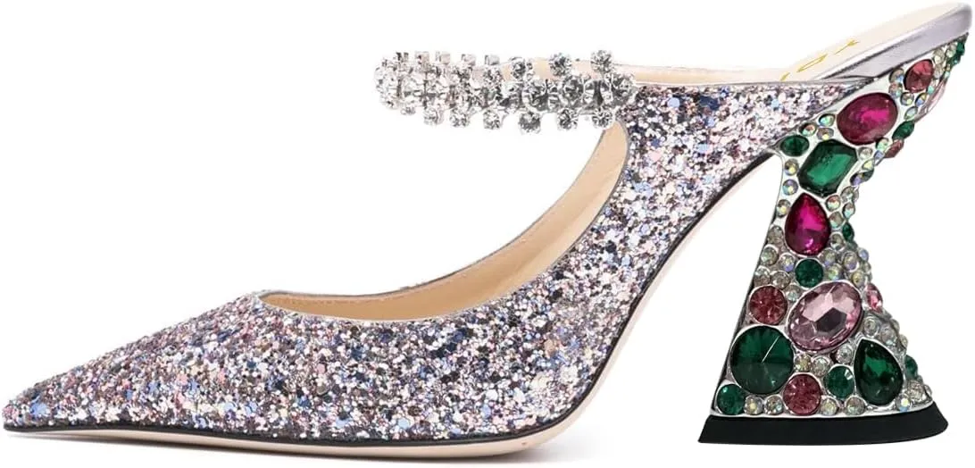 YDN Women Rhinestones Studded Slip On Clogs Mules High Block Heels Pointy Toe Sandals Evening Dress Prom Shoes Size 4-16 US