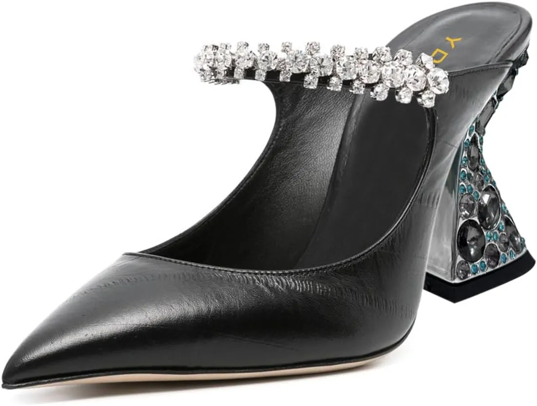 YDN Women Rhinestones Studded Slip On Clogs Mules High Block Heels Pointy Toe Sandals Evening Dress Prom Shoes Size 4-16 US