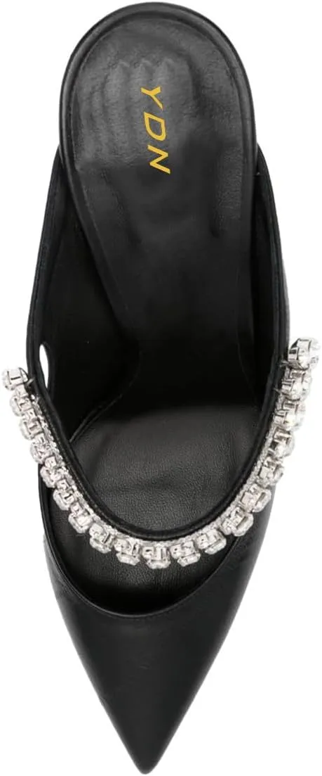 YDN Women Rhinestones Studded Slip On Clogs Mules High Block Heels Pointy Toe Sandals Evening Dress Prom Shoes Size 4-16 US