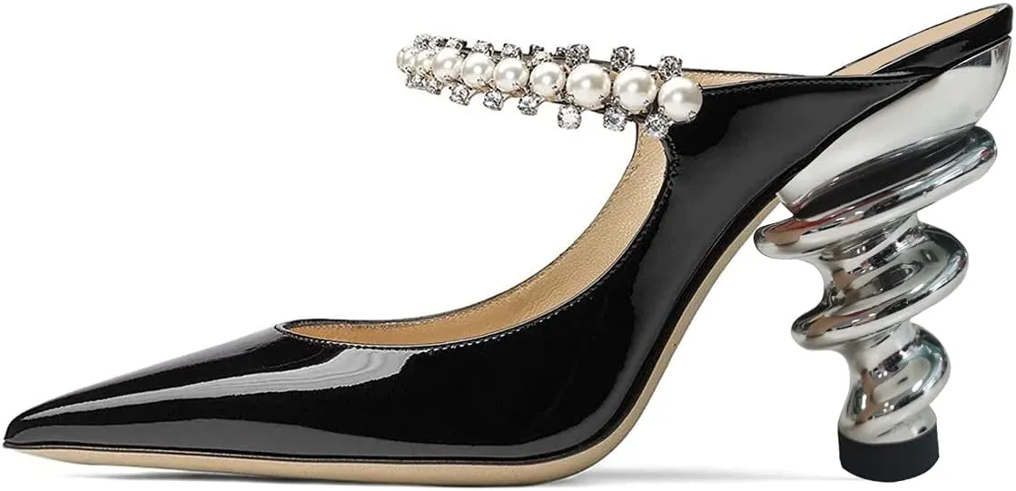 YDN Women Trendy Metallic Spiral Heels Slip On Sandals Rhinestone Strap Pumps Pointed Toe Mules Party Shoes 4-15 US