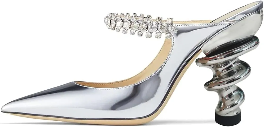 YDN Women Trendy Metallic Spiral Heels Slip On Sandals Rhinestone Strap Pumps Pointed Toe Mules Party Shoes 4-15 US