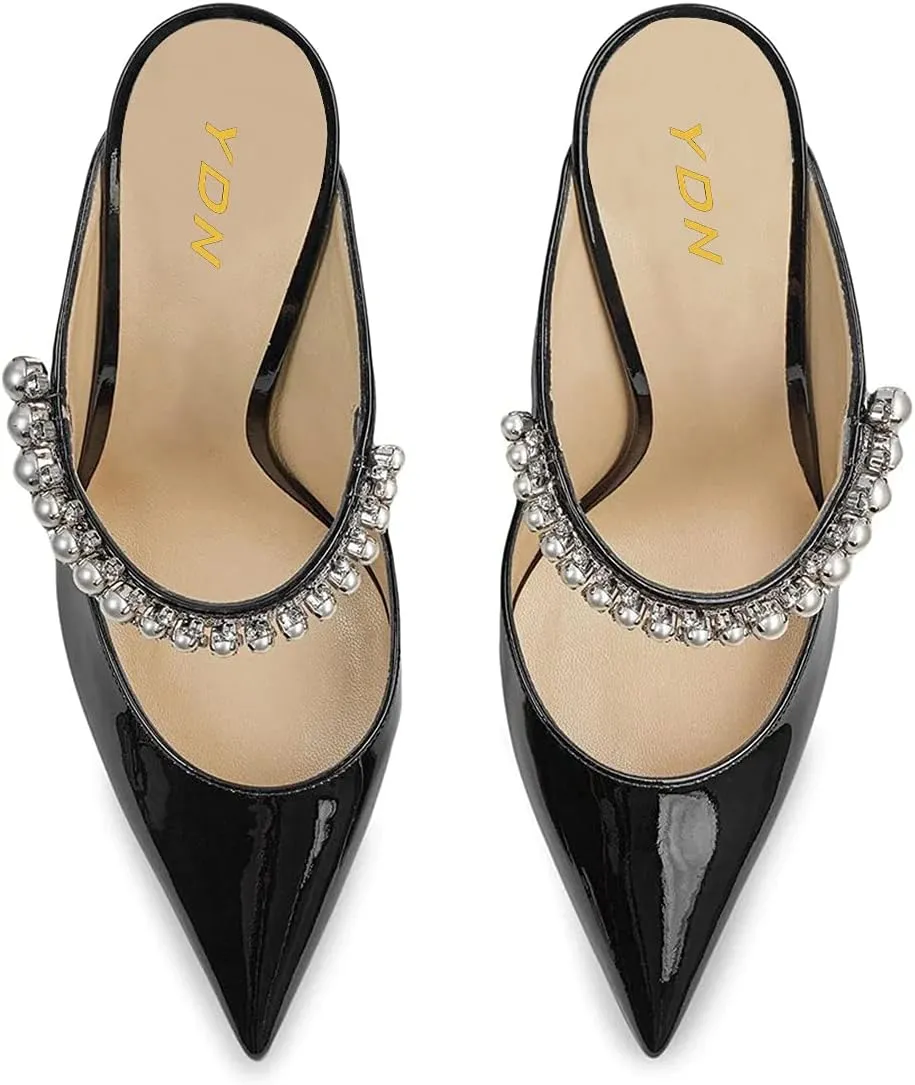 YDN Women Trendy Metallic Spiral Heels Slip On Sandals Rhinestone Strap Pumps Pointed Toe Mules Party Shoes 4-15 US