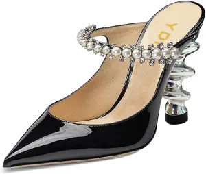 YDN Women Trendy Metallic Spiral Heels Slip On Sandals Rhinestone Strap Pumps Pointed Toe Mules Party Shoes 4-15 US