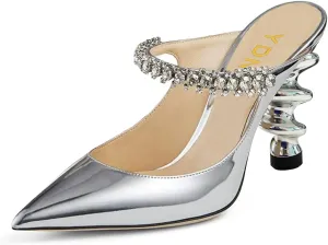 YDN Women Trendy Metallic Spiral Heels Slip On Sandals Rhinestone Strap Pumps Pointed Toe Mules Party Shoes 4-15 US