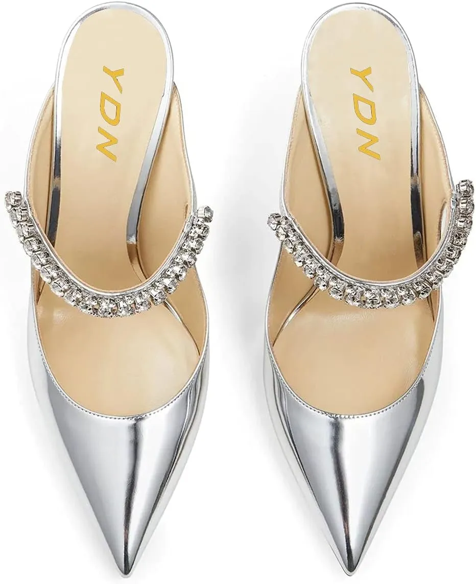 YDN Women Trendy Metallic Spiral Heels Slip On Sandals Rhinestone Strap Pumps Pointed Toe Mules Party Shoes 4-15 US