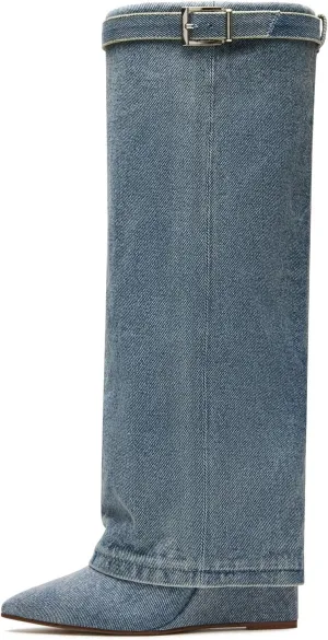 Yishaweiqi Fold Over Boots Wide-calf Wedge Heel Knee High Boot With Decorative Lock