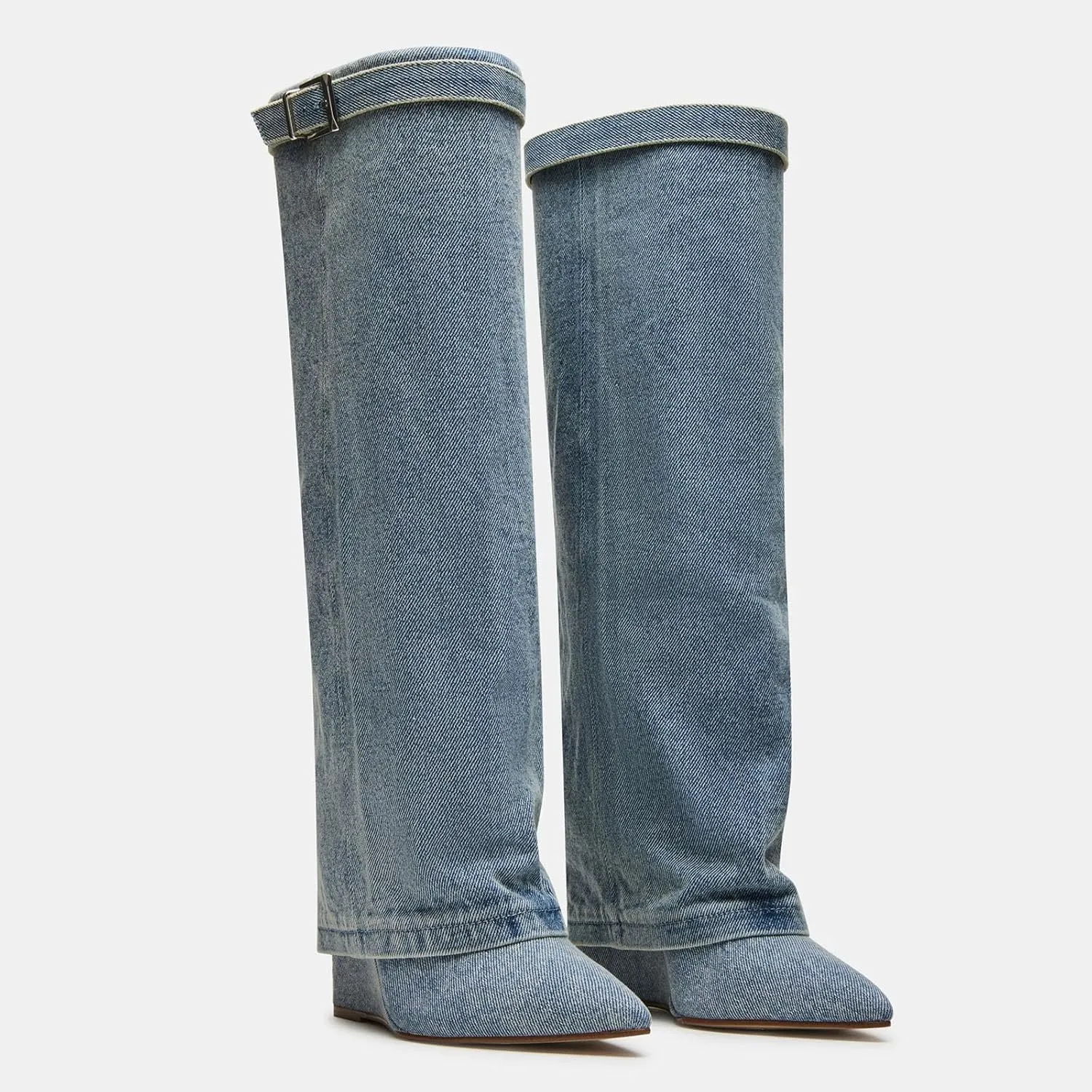 Yishaweiqi Fold Over Boots Wide-calf Wedge Heel Knee High Boot With Decorative Lock